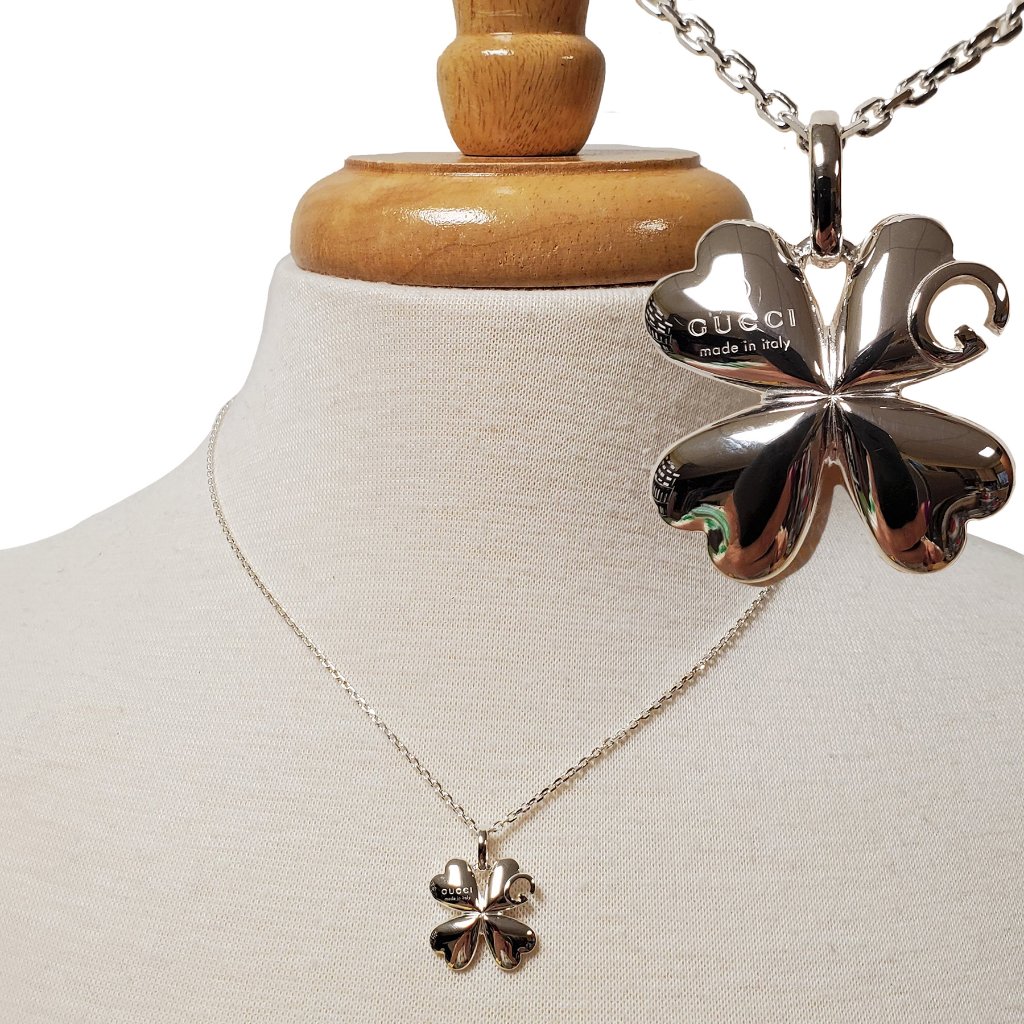 Gucci Necklace Sterling Silver Four Leaf Clover Signature Logo Pendant